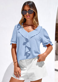 PRETTYGARDEN Women's Summer Dressy Casual Blouses Short Sleeve V Neck Ruffle Going Out Tops Shirt Trendy Spring Outfits PRETTYGARDEN