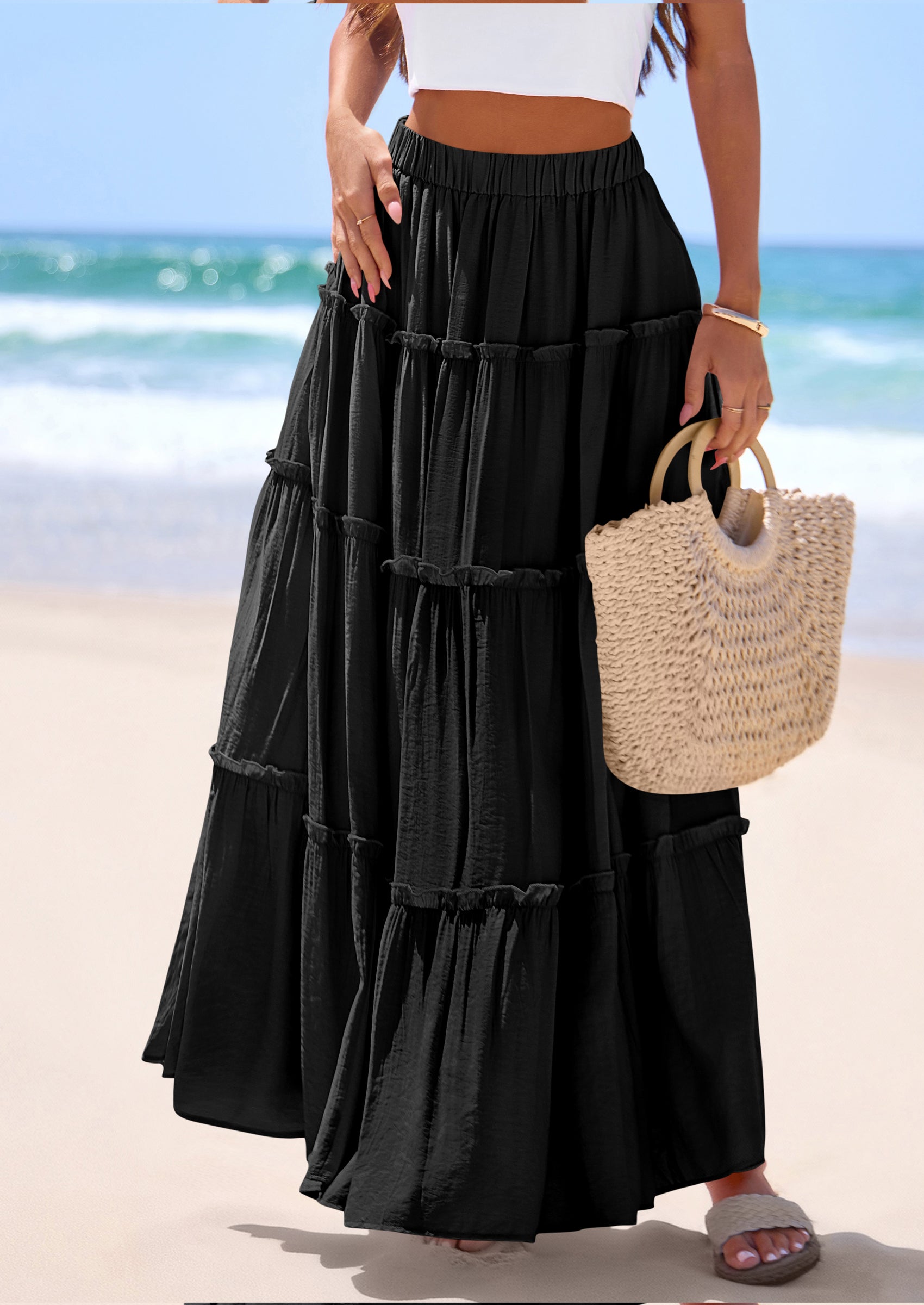 PRETTYGARDEN Women's Tiered Maxi Skirt Summer Spring Fashion 2026 High Waisted Long Flowy Casual Boho Beach Vacation Clothes PRETTYGARDEN