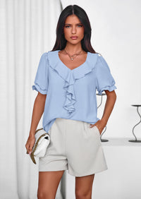 PRETTYGARDEN Women's Summer Dressy Casual Blouses Short Sleeve V Neck Ruffle Going Out Tops Shirt Trendy Spring Outfits PRETTYGARDEN