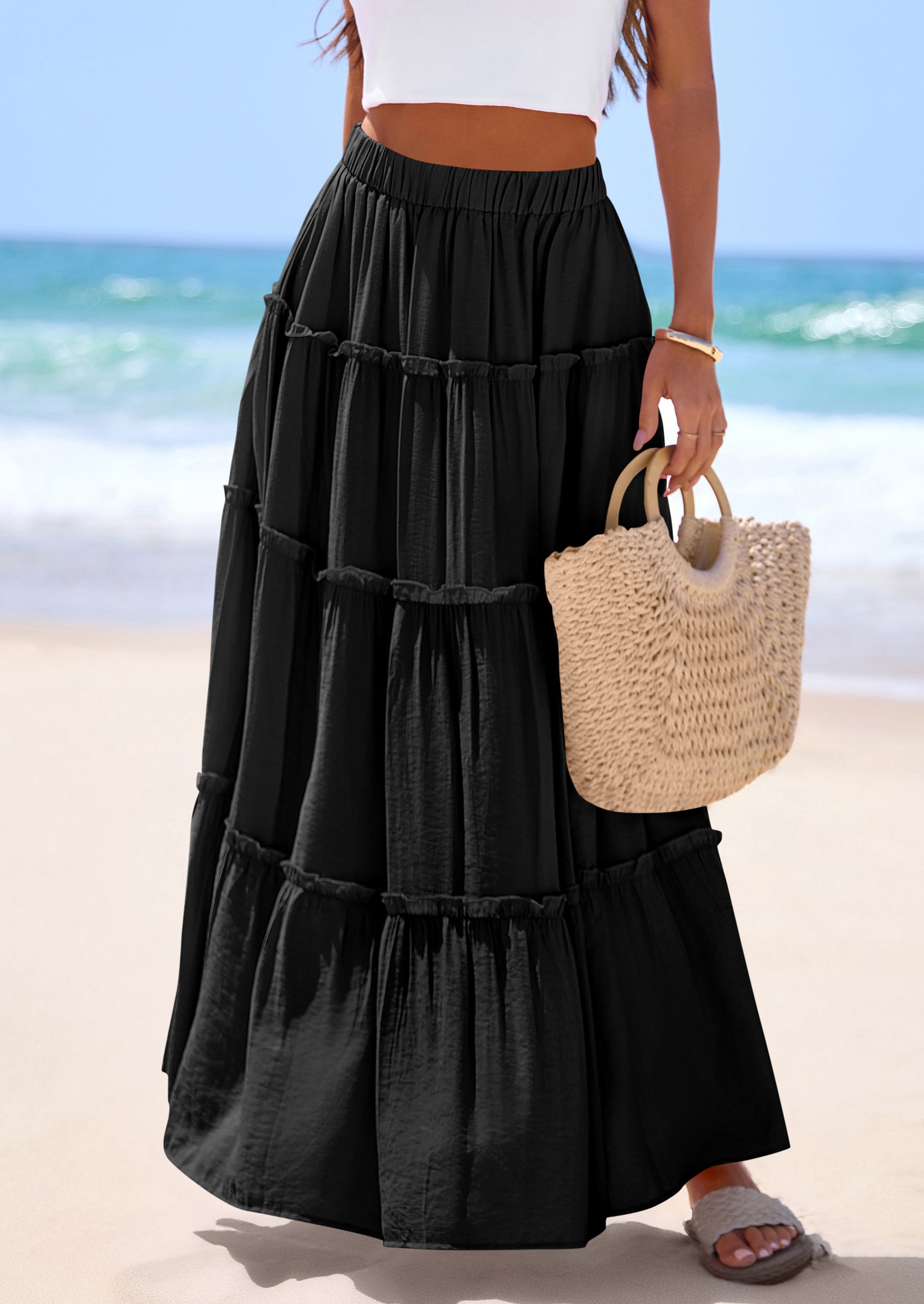 PRETTYGARDEN Women's Tiered Maxi Skirt Summer Spring Fashion 2026 High Waisted Long Flowy Casual Boho Beach Vacation Clothes PRETTYGARDEN