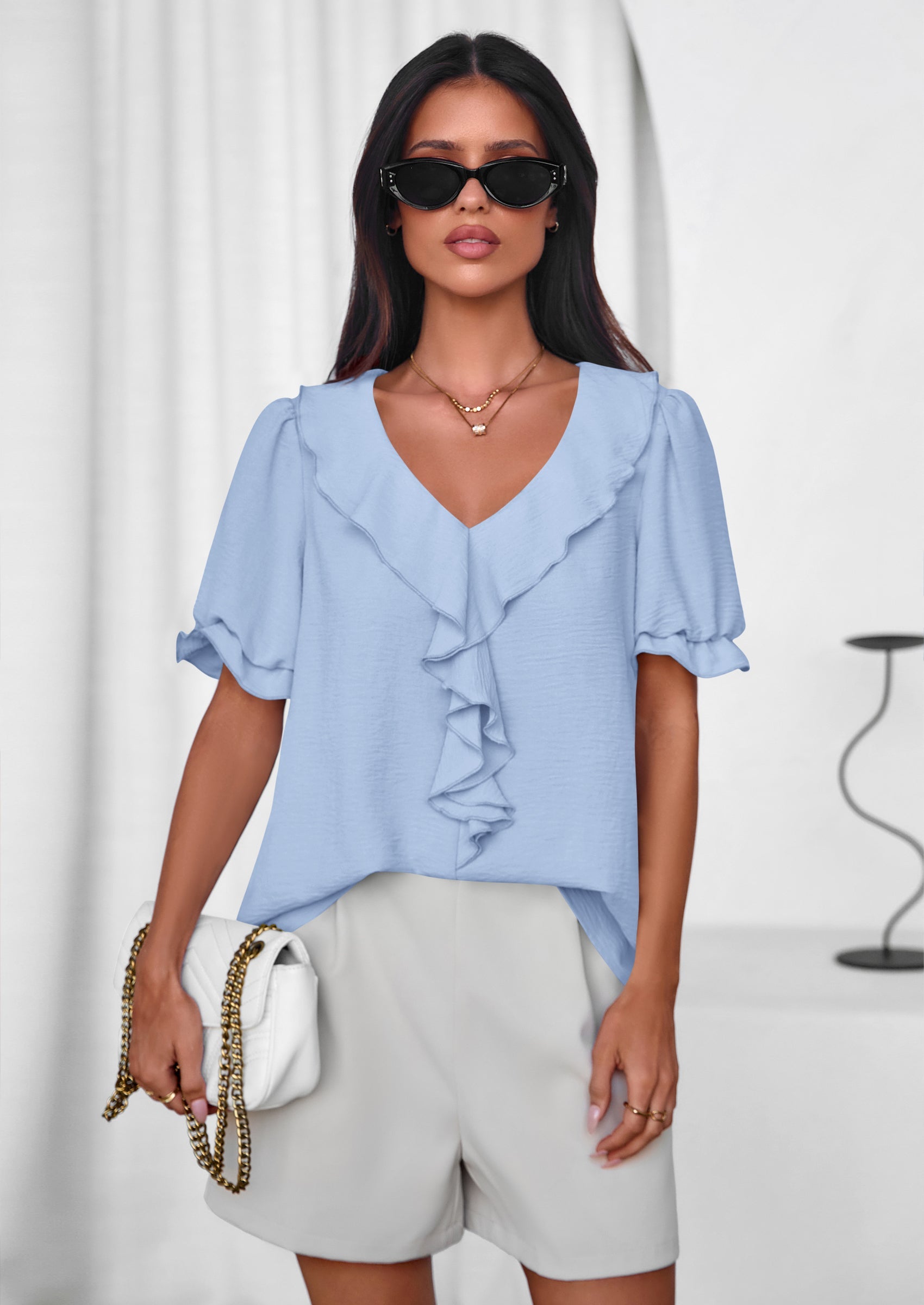 PRETTYGARDEN Women's Summer Dressy Casual Blouses Short Sleeve V Neck Ruffle Going Out Tops Shirt Trendy Spring Outfits PRETTYGARDEN