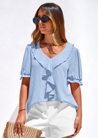 PRETTYGARDEN Women's Summer Dressy Casual Blouses Short Sleeve V Neck Ruffle Going Out Tops Shirt Trendy Spring Outfits PRETTYGARDEN