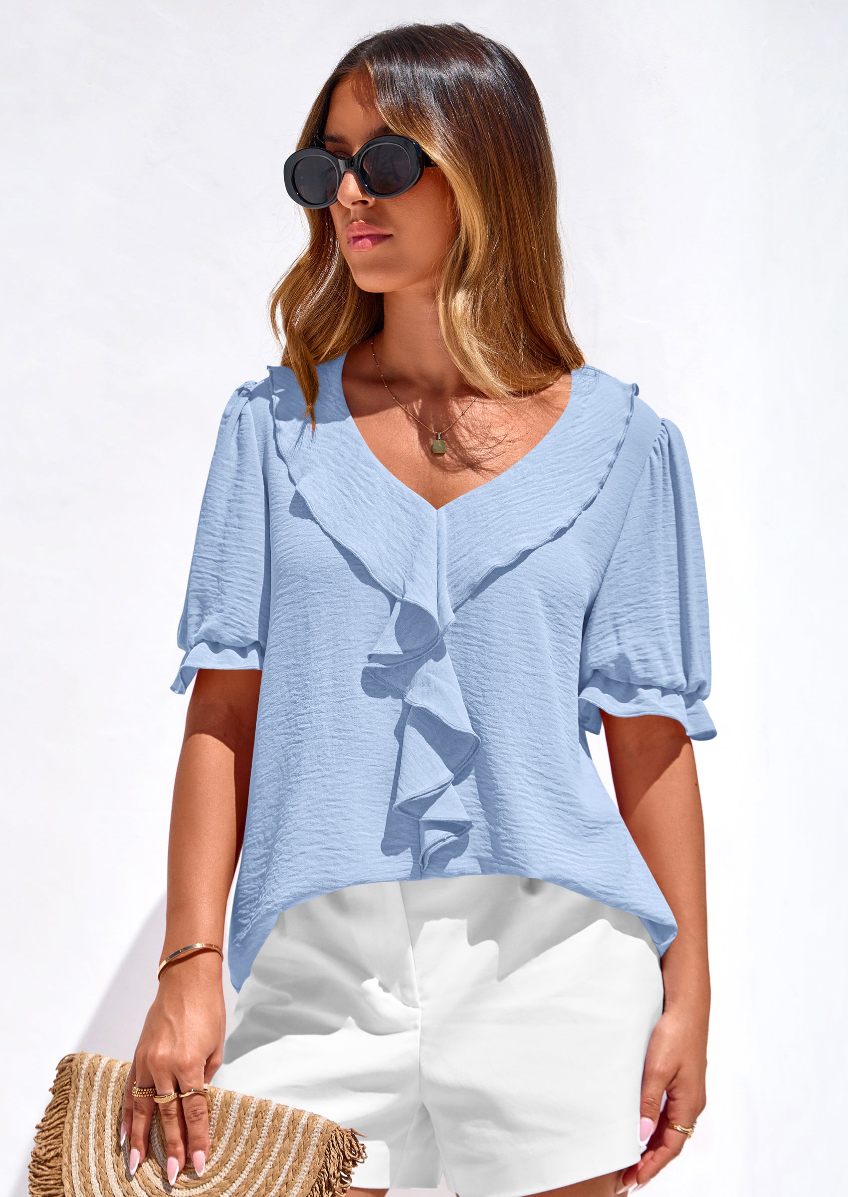 PRETTYGARDEN Women's Summer Dressy Casual Blouses Short Sleeve V Neck Ruffle Going Out Tops Shirt Trendy Spring Outfits PRETTYGARDEN