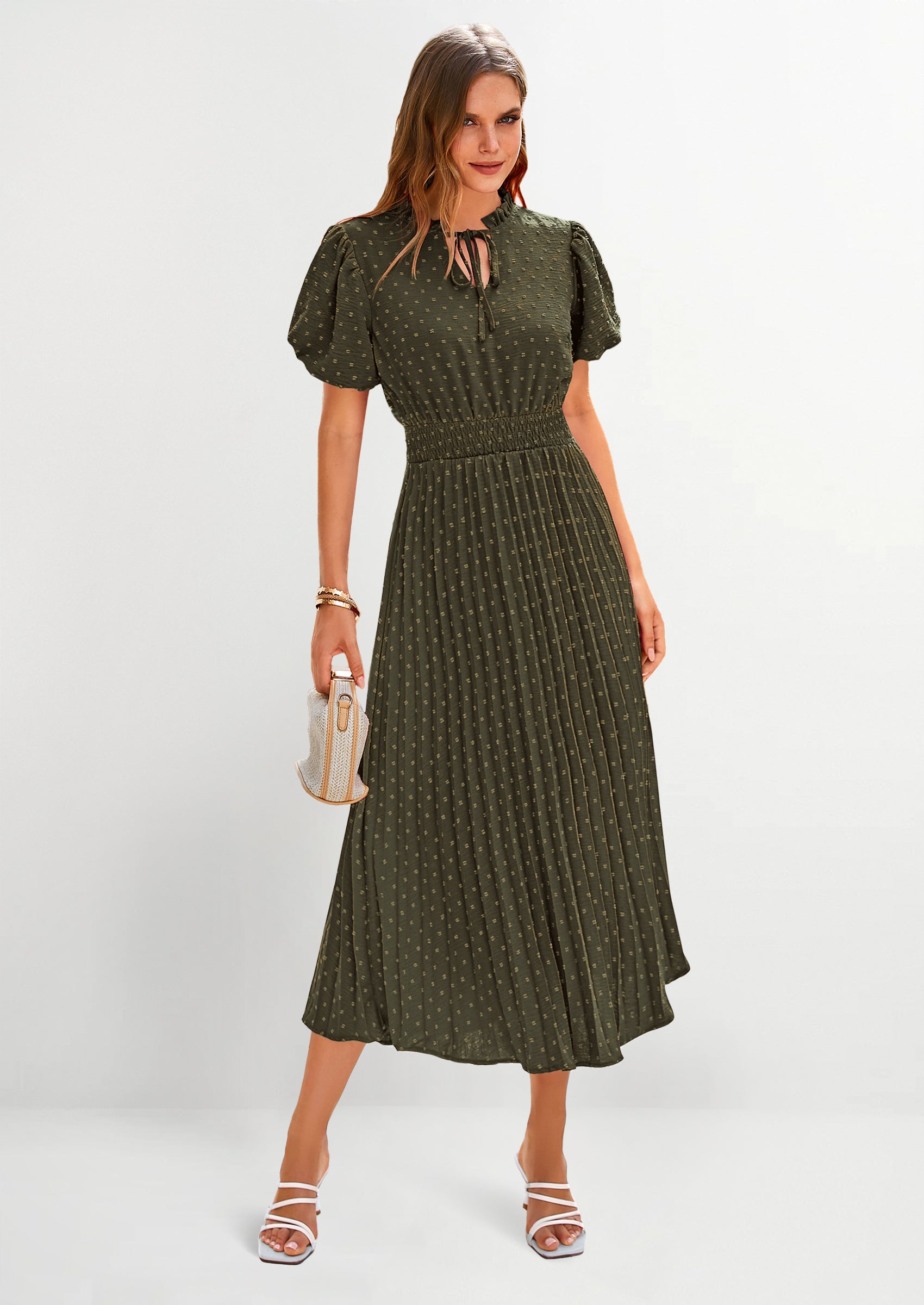 PRETTYGARDEN Womens Midi Dresses Puff Short Sleeve V Neck Swiss Dot Pl PRETTYGARDEN Womens Midi Dresses Puff Short Sleeve V Neck Swiss Dot Pl