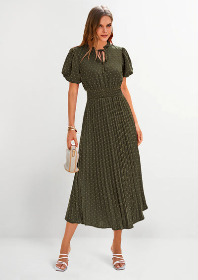 PRETTYGARDEN Womens Midi Dresses Puff Short Sleeve V Neck Swiss Dot Pleated A Line Flowy Long Wedding Guest Dress