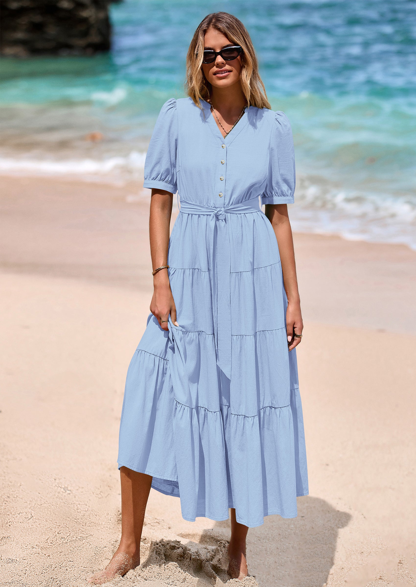 PRETTYGARDEN Women's Midi Dress Casual Short Sleeve V Neck Buttons Belted Ruffle A Line Flowy Dress with Pockets