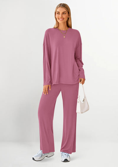 PRETTYGARDEN Women's Two Piece Lounge Sets Matching Long Sleeve Shirts Wide Leg Pants Tracksuits Travel Outfits Fall Clothes