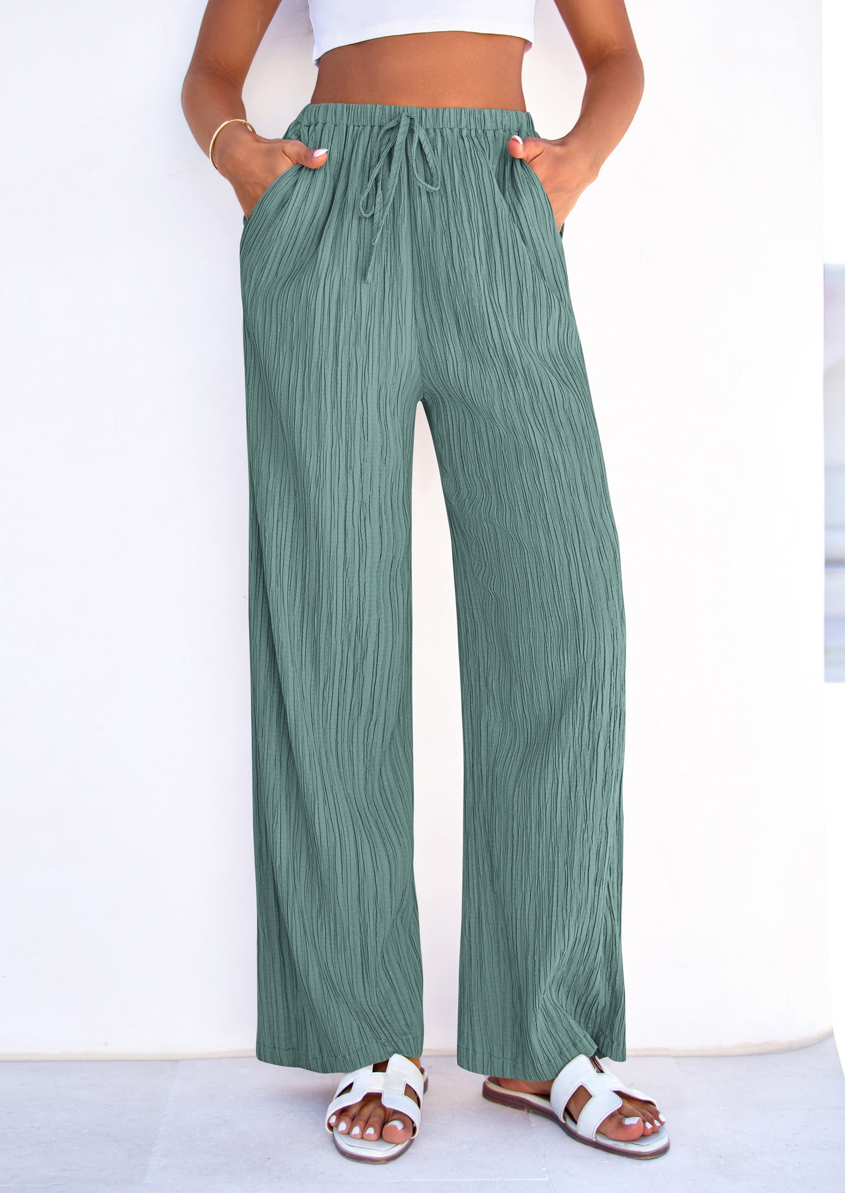 PRETTYGARDEN Womens Palazzo Pants Summer Fashion High Waisted Wide Leg Drawstring Flowy Beach Trousers with Pockets PRETTYGARDEN