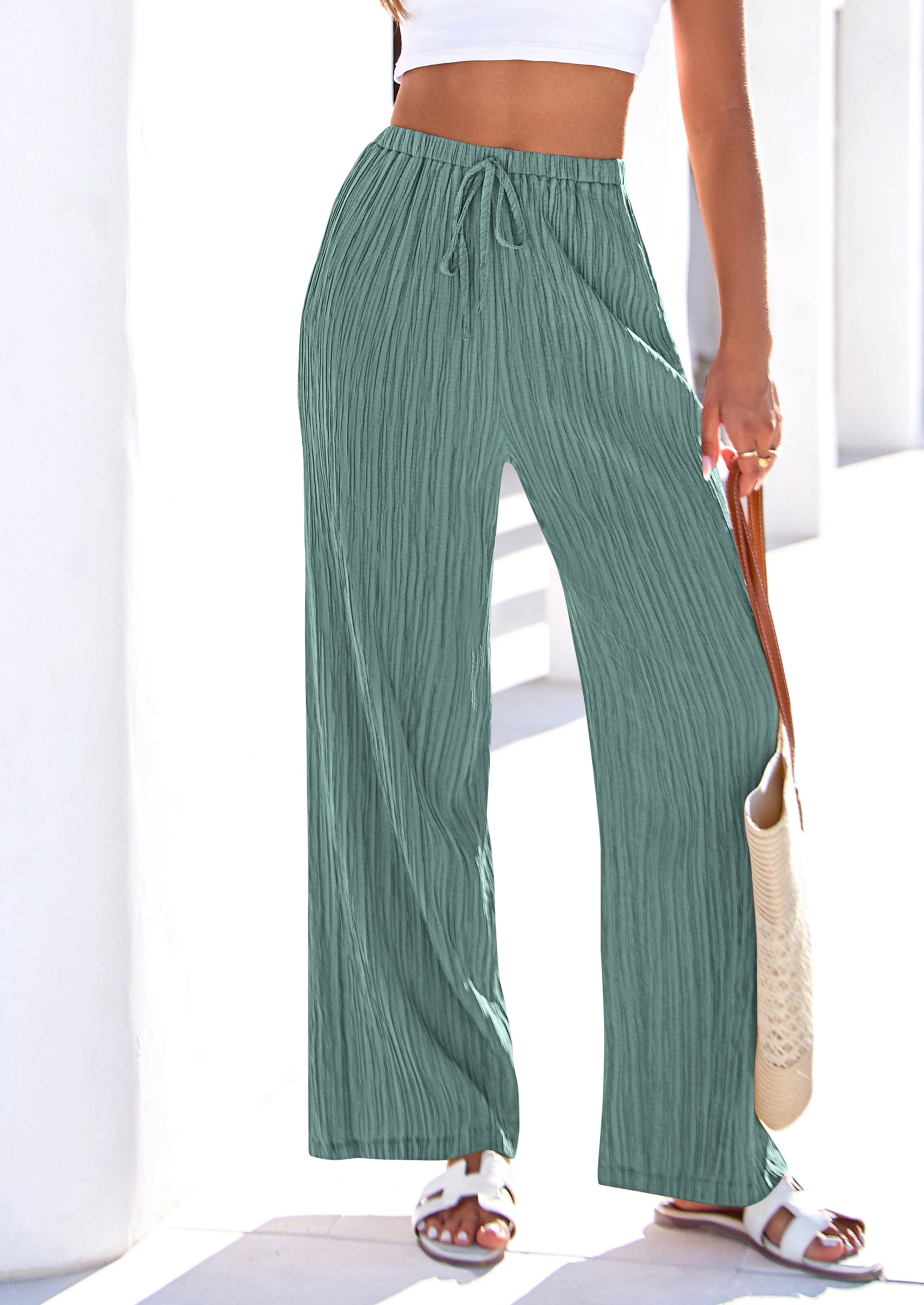 PRETTYGARDEN Womens Palazzo Pants Summer Fashion High Waisted Wide Leg Drawstring Flowy Beach Trousers with Pockets PRETTYGARDEN