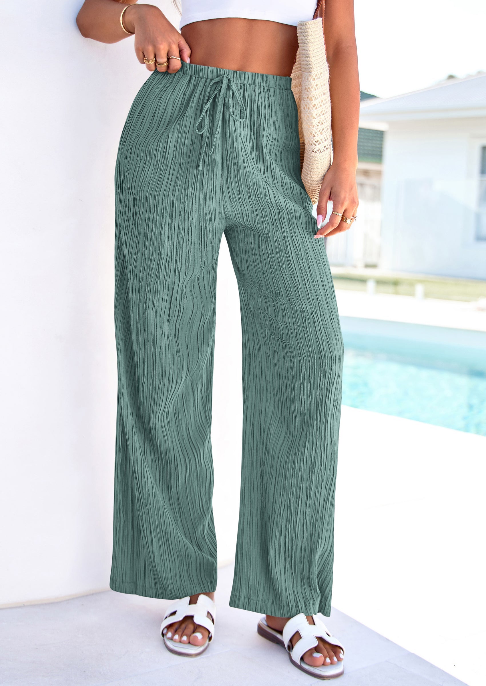 PRETTYGARDEN Womens Palazzo Pants Summer Fashion High Waisted Wide Leg Drawstring Flowy Beach Trousers with Pockets PRETTYGARDEN