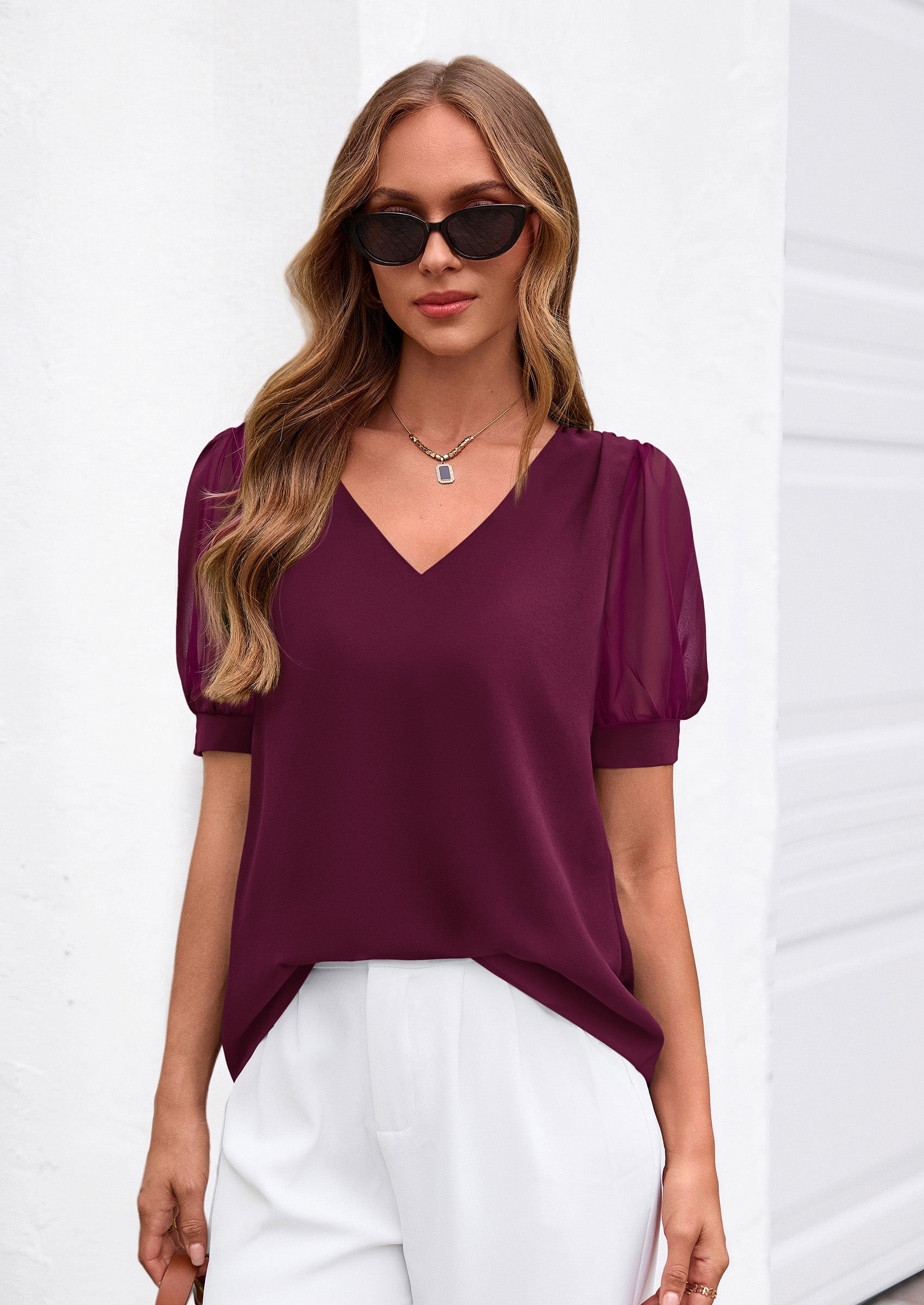 PRETTYGARDEN Womens Tops Dressy Casual Puff Sleeve Chiffon Blouses V Neck Business Work Shirts 2026 Summer Fashion Clothing