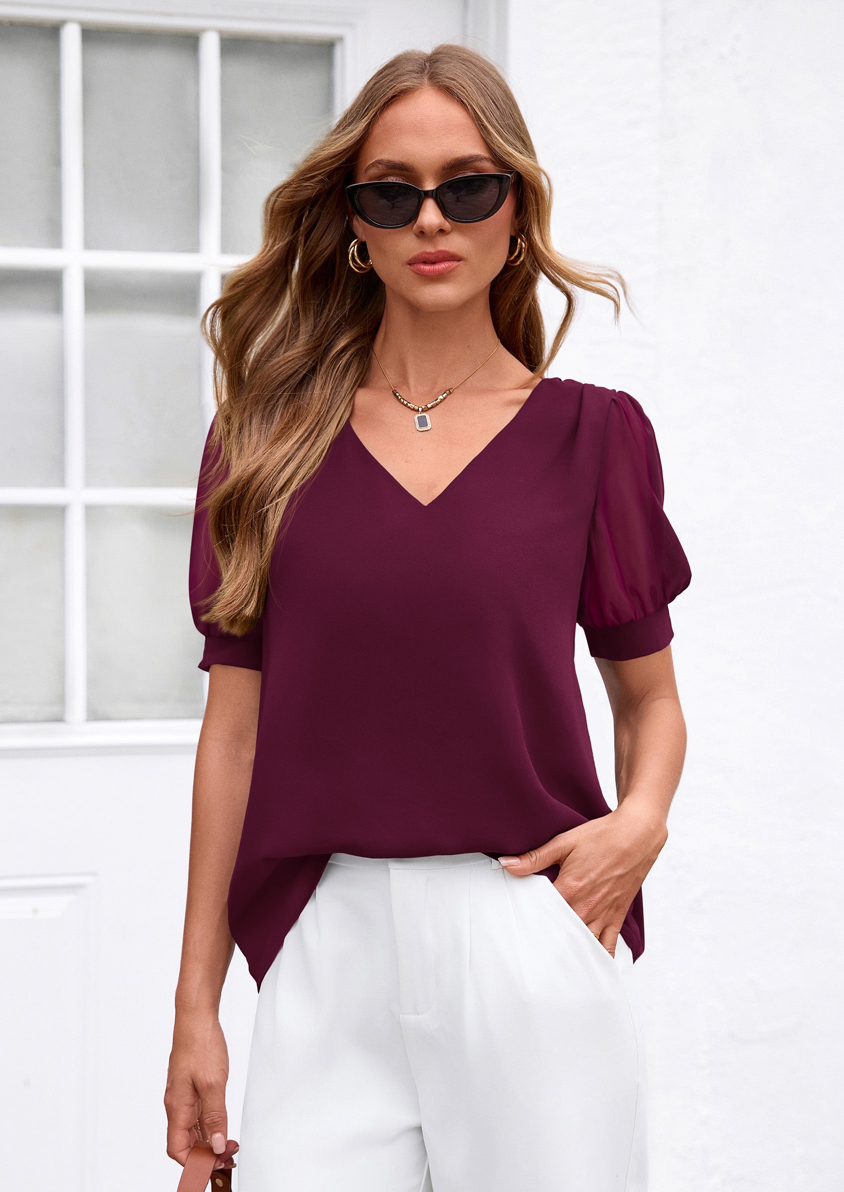 PRETTYGARDEN Womens Tops Dressy Casual Puff Sleeve Chiffon Blouses V Neck Business Work Shirts 2026 Summer Fashion Clothing