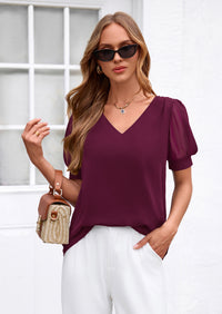 PRETTYGARDEN Womens Tops Dressy Casual Puff Sleeve Chiffon Blouses V Neck Business Work Shirts 2026 Summer Fashion Clothing
