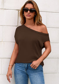 PRETTYGARDEN Womens Off The Shoulder Tops Summer Casual Short Sleeve Tunic T Shirts Lightweight Knit Sweaters PRETTYGARDEN