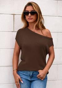 PRETTYGARDEN Womens Off The Shoulder Tops Summer Casual Short Sleeve Tunic T Shirts Lightweight Knit Sweaters PRETTYGARDEN