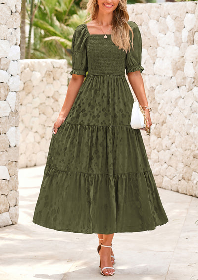 PRETTYGARDEN Women's Casual Midi Dresses Square Neck Short Sleeve Smocked A Line Floral Flowy Elegant Boho Dress