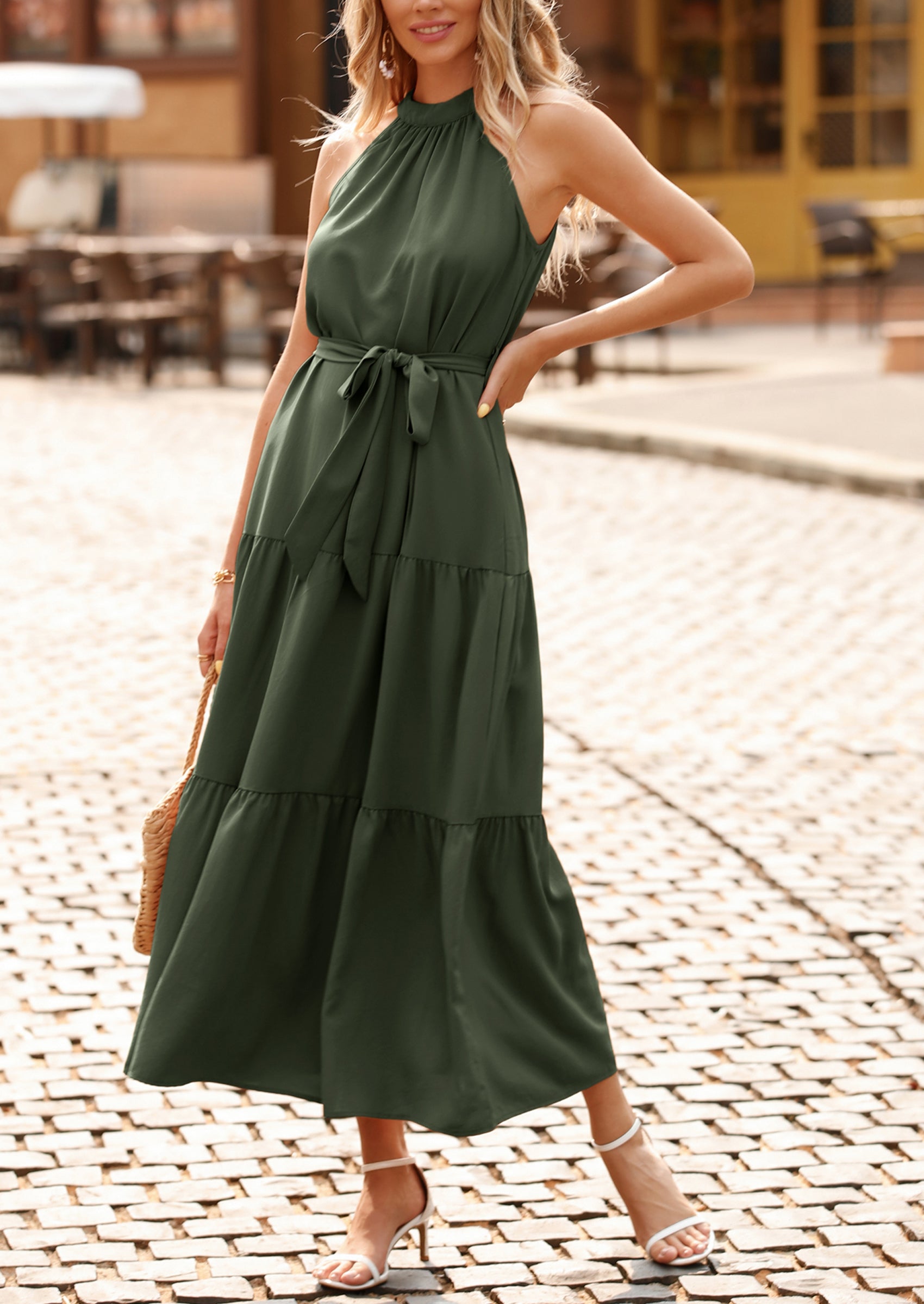 PRETTYGARDEN Women's Summer Floral Maxi Sun Dress Sleeveless Halter Neck Flowy Ruffle Hem Long Boho Dresses with Belt