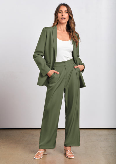 PRETTYGARDEN Women's Fall Two Piece Outfits Dressy Blazer Jacket and Wide Leg Pants Pockets Business Casual Office Suit Sets