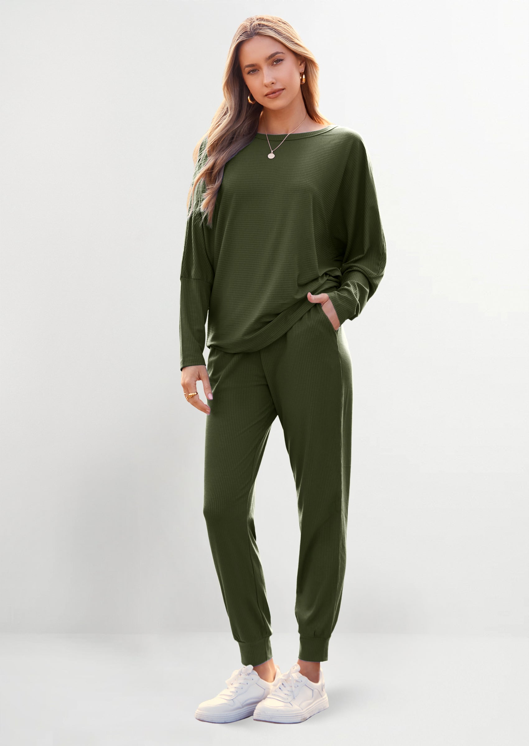 PRETTYGARDEN Women's Fall 2 Piece Lounge Set Long Sleeve Tops Ribbed Pants Spring Matching Sweatsuit Travel Outfits Clothes