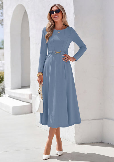 PRETTYGARDEN Women's Fall Long Sleeve Semi Formal Midi Dresses with Pockets Boat Neck, Metal Buckle Tie Waist, Flowy A Line, Elegant Classy Wedding Guest Cocktail Party Dress, Business Casual Outfits