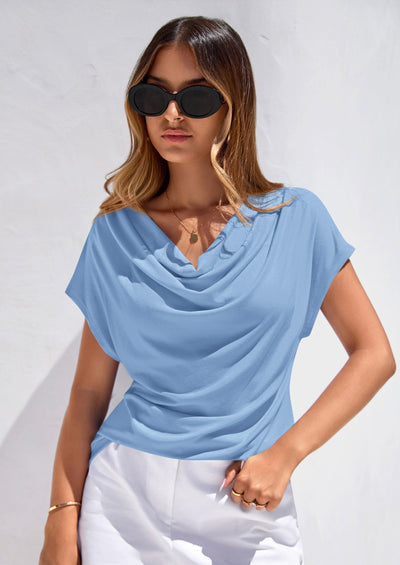 PRETTYGARDEN Blouses for Women Dressy Casual Summer Cowl Neck Short Sleeve Tops Spring Work Office Teacher Shirts PRETTYGARDEN