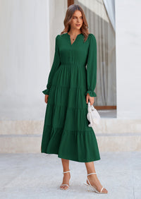 PRETTYGARDEN Women Fall Long Sleeve Smocked Maxi Dress Casual Square Neck Swiss Dot Tiered Ruffle Flowy Spring Pocket Dresses