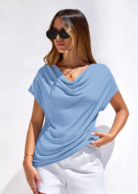 PRETTYGARDEN Blouses for Women Dressy Casual Summer Cowl Neck Short Sleeve Tops Spring Work Office Teacher Shirts PRETTYGARDEN