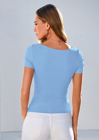PRETTYGARDEN Women's Summer Asymmetrical Y2K Tops Trendy Ribbed Short Sleeve Fitted Tee Shirts Spring Fashion Clothing