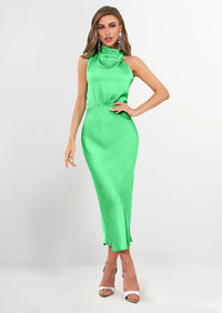 PRETTYGARDEN Women's Summer Satin Dress Elegant Sleeveless Mock Neck Cocktail Party Maxi Dresses