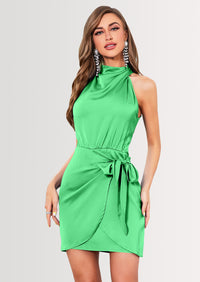 PRETTYGARDEN Women's Short Formal Satin Dress Summer Sleeveless Mock Neck Tie Waist Cocktail Party Dresses