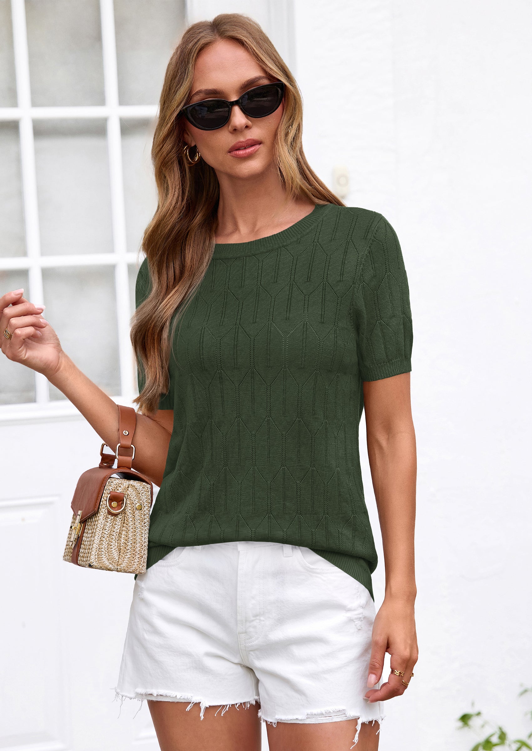 PRETTYGARDEN Women's Spring Short Sleeve Sweater Knit Going Out Tops Work Shirts Trendy Summer Business Casual Outfits