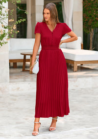 PRETTYGARDEN Women's Maxi Dresses Summer Trendy Cap Short Sleeve Button V Neck Casual Flowy Pleated Long Dress