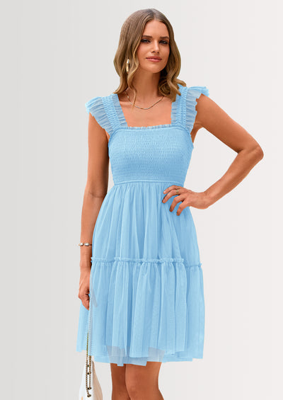 PRETTYGARDEN Womens Trendy Mini Summer Dresses Sleeveless Tulle Ruffle Square Neck Tiered Smocked Beach Vacation Dress