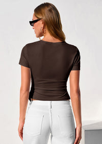 PRETTYGARDEN Womens Short Sleeve Crew Neck Trendy Shirts Spring Summer Y2K Going Out Tops Asymmetrical Ruched Blouse PRETTYGARDEN