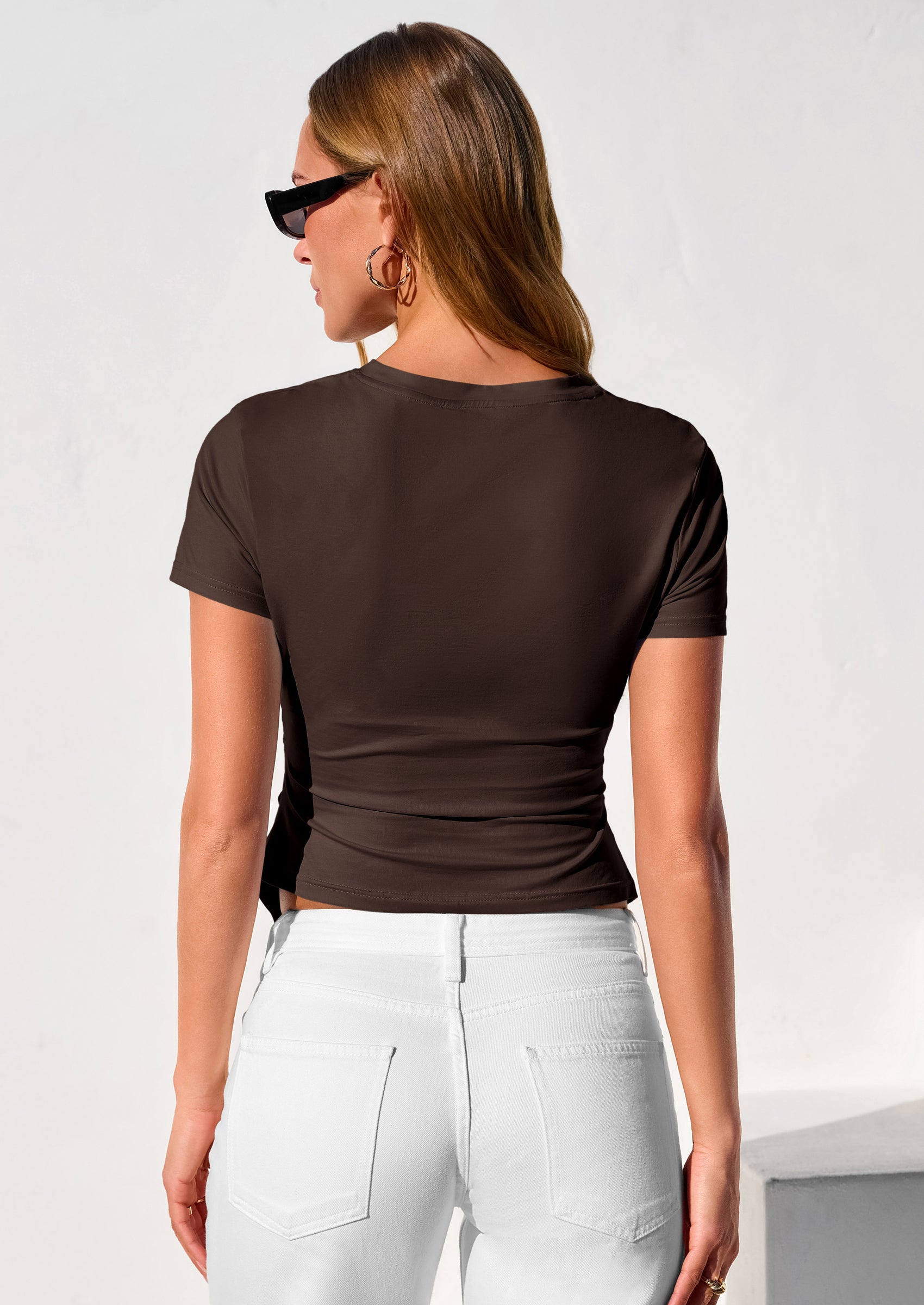 PRETTYGARDEN Womens Short Sleeve Crew Neck Trendy Shirts Spring Summer Y2K Going Out Tops Asymmetrical Ruched Blouse PRETTYGARDEN