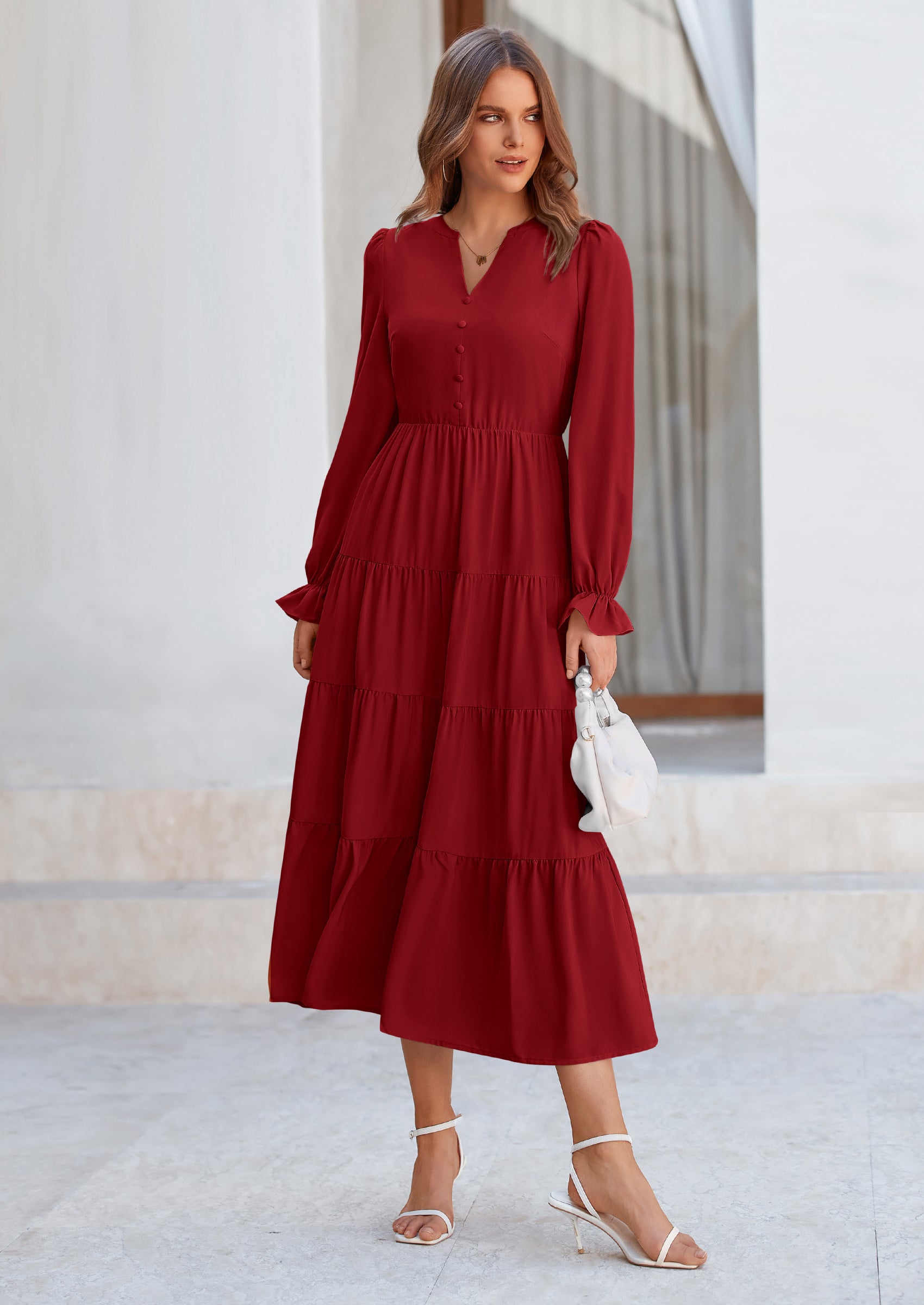 PRETTYGARDEN Women Fall Long Sleeve Smocked Maxi Dress Casual Square Neck Swiss Dot Tiered Ruffle Flowy Spring Pocket Dresses