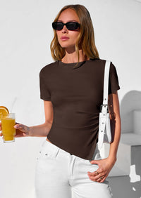 PRETTYGARDEN Womens Short Sleeve Crew Neck Trendy Shirts Spring Summer Y2K Going Out Tops Asymmetrical Ruched Blouse PRETTYGARDEN