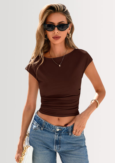 PRETTYGARDEN Women's Ruched Crop Tank Tops Summer Trendy Cap Sleeve Ribbed Knit Basic Fitted Going Out Tee Shirts