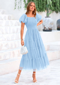 PRETTYGARDEN Women's Smocked Tulle Midi Dress Square Neck Puffy Short Sleeve Ruffle Wedding Guest Party Dresses