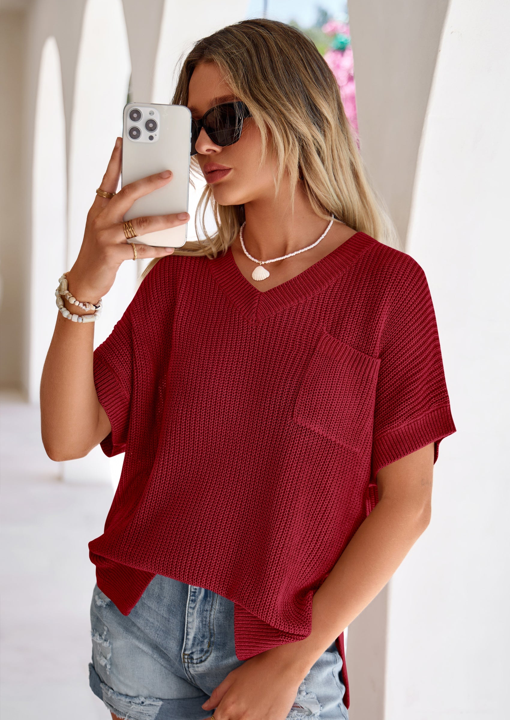 PRETTYGARDEN Women's Spring Short Sleeve Sweaters Lightweight V Neck Casual Going Out Summer T PRETTYGARDEN