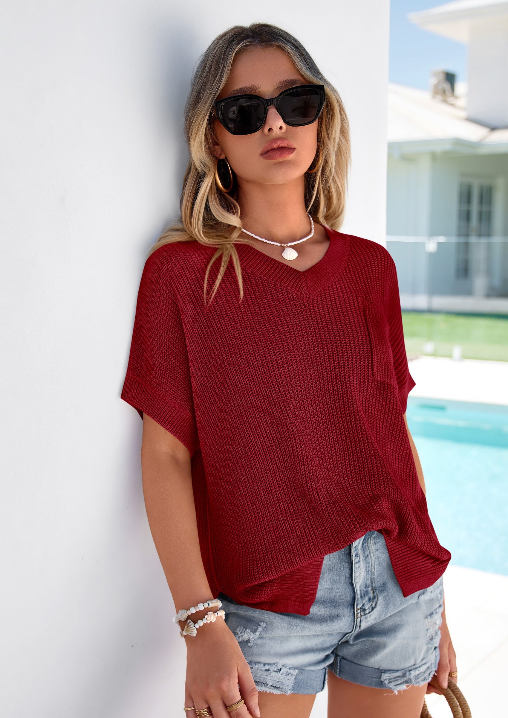 PRETTYGARDEN Women's Spring Short Sleeve Sweaters Lightweight V Neck Casual Going Out Summer T PRETTYGARDEN