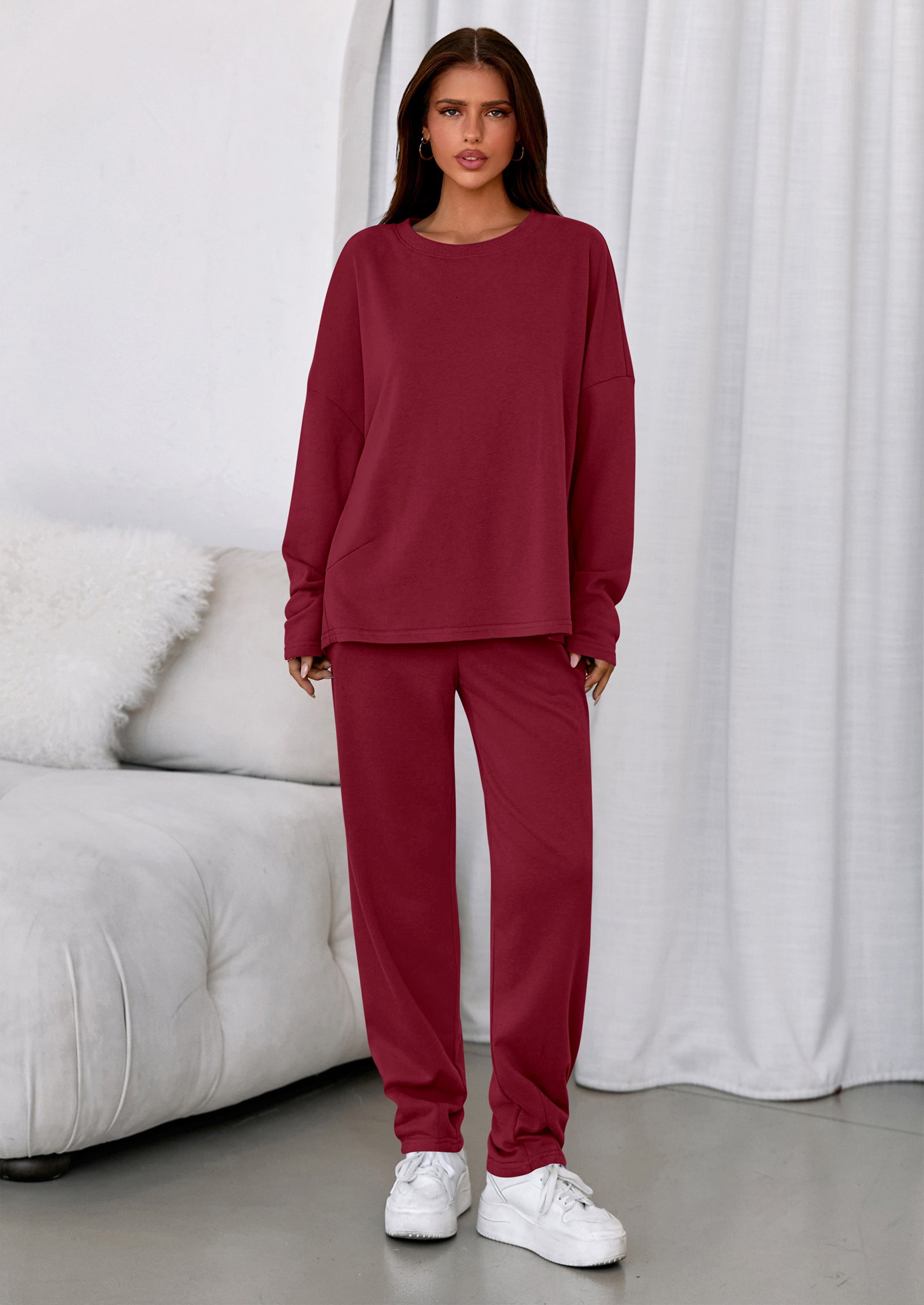 PRETTYGARDEN Womens 2 Piece Matching Lounge Sets Fall Long Sleeve Boatneck Sweatsuit Drawstring Sweatpants Pockets