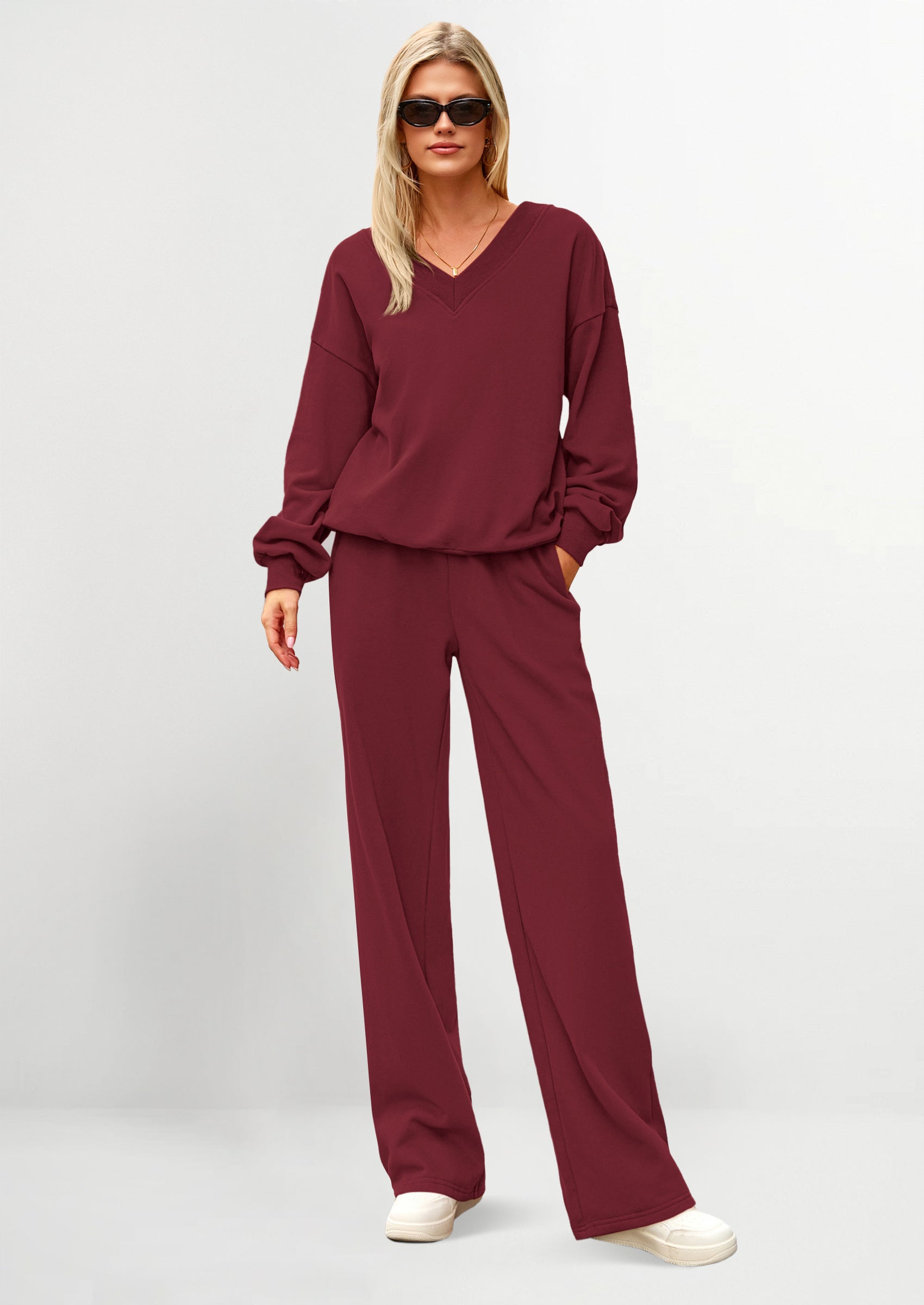 PRETTYGARDEN Casual Winter Two Piece Sets for Women V Neck Sweatshirt Loose Wide Leg Pants Tracksuit Knit Fall Outfits