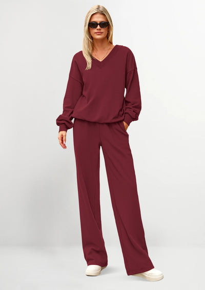 PRETTYGARDEN Casual Winter Two Piece Sets for Women V Neck Sweatshirt Loose Wide Leg Pants Tracksuit Knit Fall Outfits