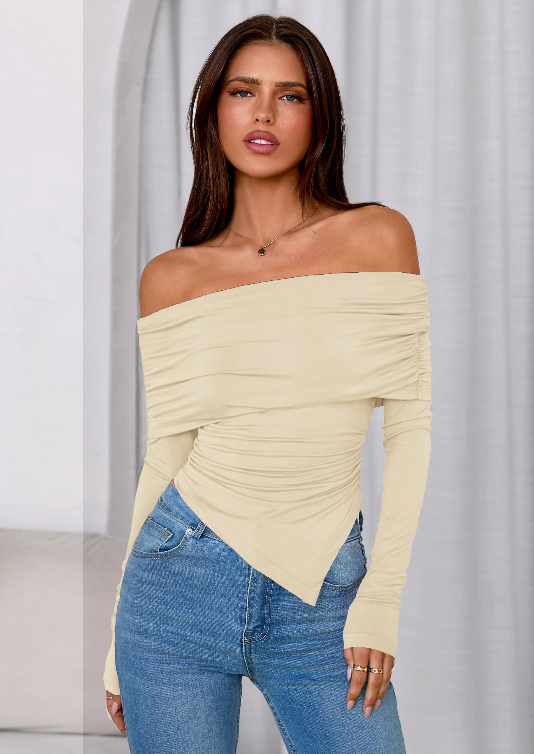 PRETTYGARDEN Women's Long Sleeve Shirts Off Shoulder Tops Going Out Slim Fitted Y2K Blouses Fall Fashion Clothes