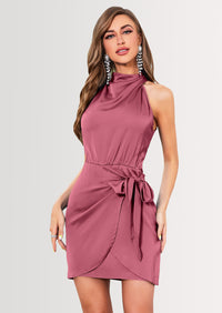 PRETTYGARDEN Women's Short Formal Satin Dress Summer Sleeveless Mock Neck Tie Waist Cocktail Party Dresses