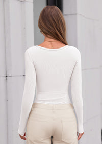 PRETTYGARDEN Bodysuits for Women Fall Long Sleeve Body Suits Scoop Neck Ribbed Knit Fitted Basic Tops Soft Tee Shirts