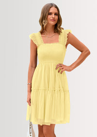 PRETTYGARDEN Womens Trendy Mini Summer Dresses Sleeveless Tulle Ruffle Square Neck Tiered Smocked Beach Vacation Dress