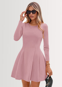 PRETTYGARDEN Long Sleeve Mini Dress for Women Fall Crewneck Knit Pleated Babydoll A Line Soft Casual Short Party Dresses