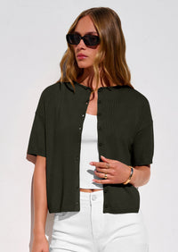 PRETTYGARDEN Women Spring Short Sleeve Cardigan Sweaters Button Down Knit Shirt Blouse Dressy Casual Tops Summer Outfits PRETTYGARDEN